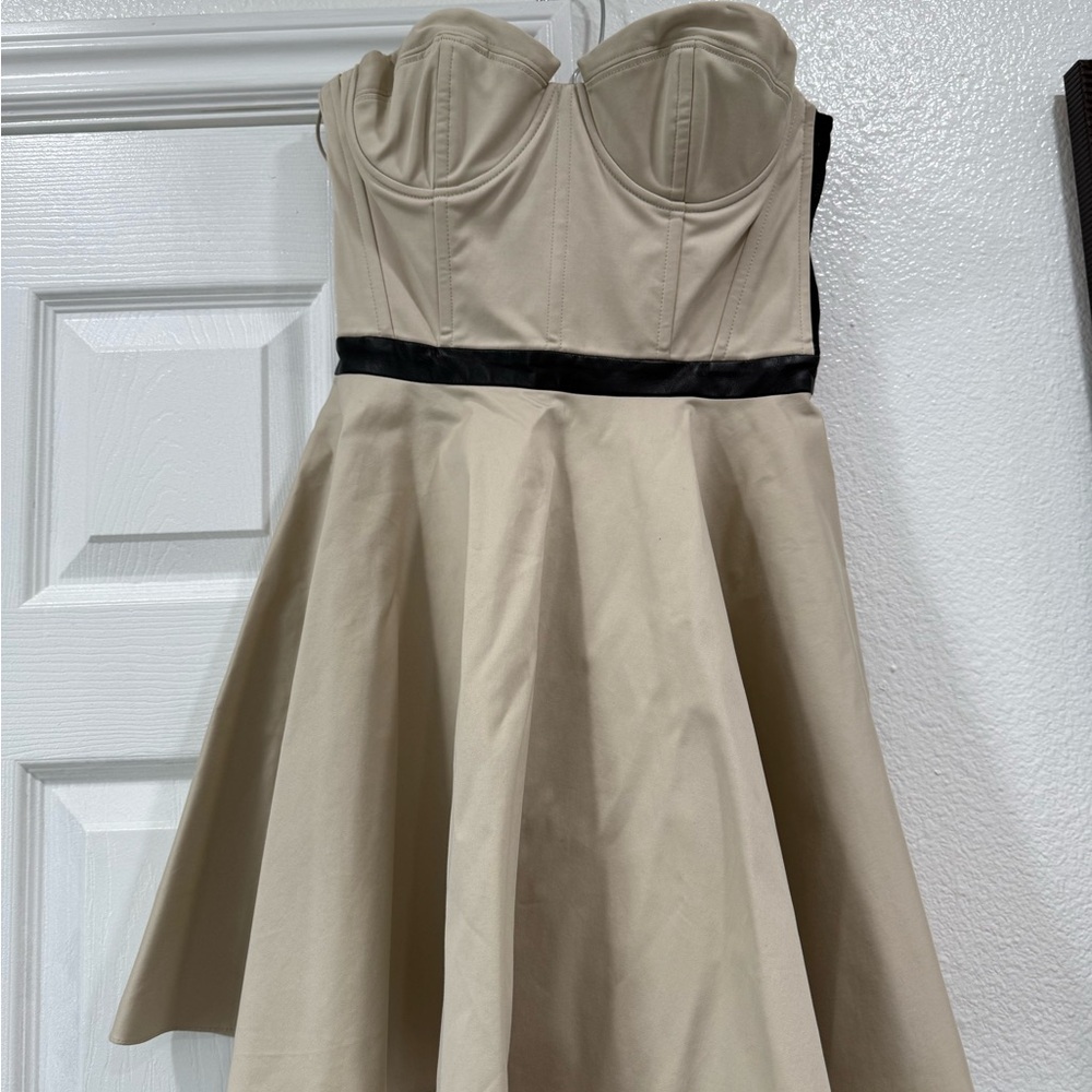 Strapless Cream Fit-and-Flare Dress with Black Waistband
